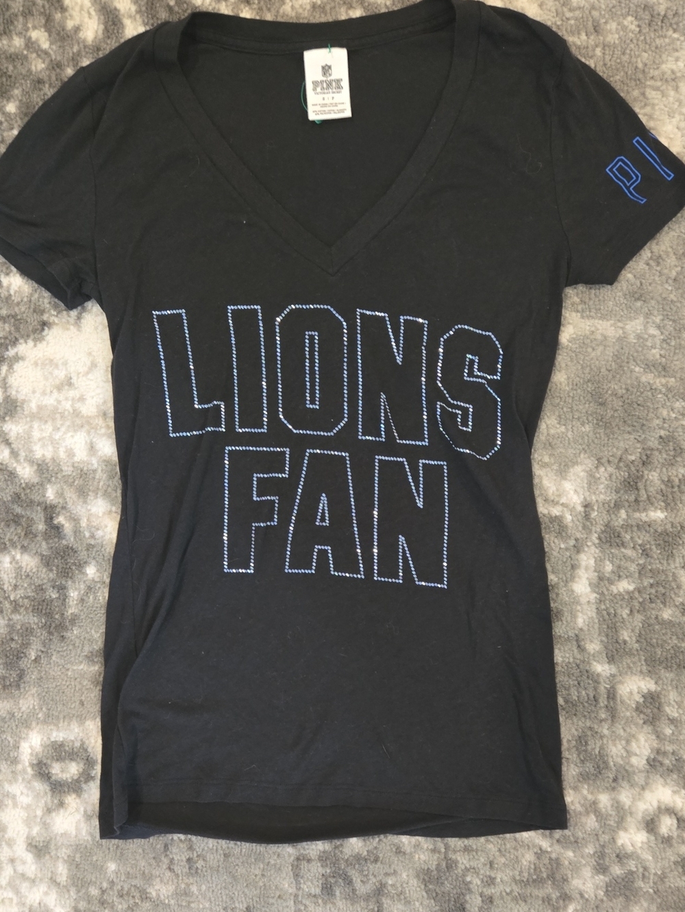 PINK Victoria's Secret Black V-Neck 'LIONS FAN' Tee with Blue Stitching